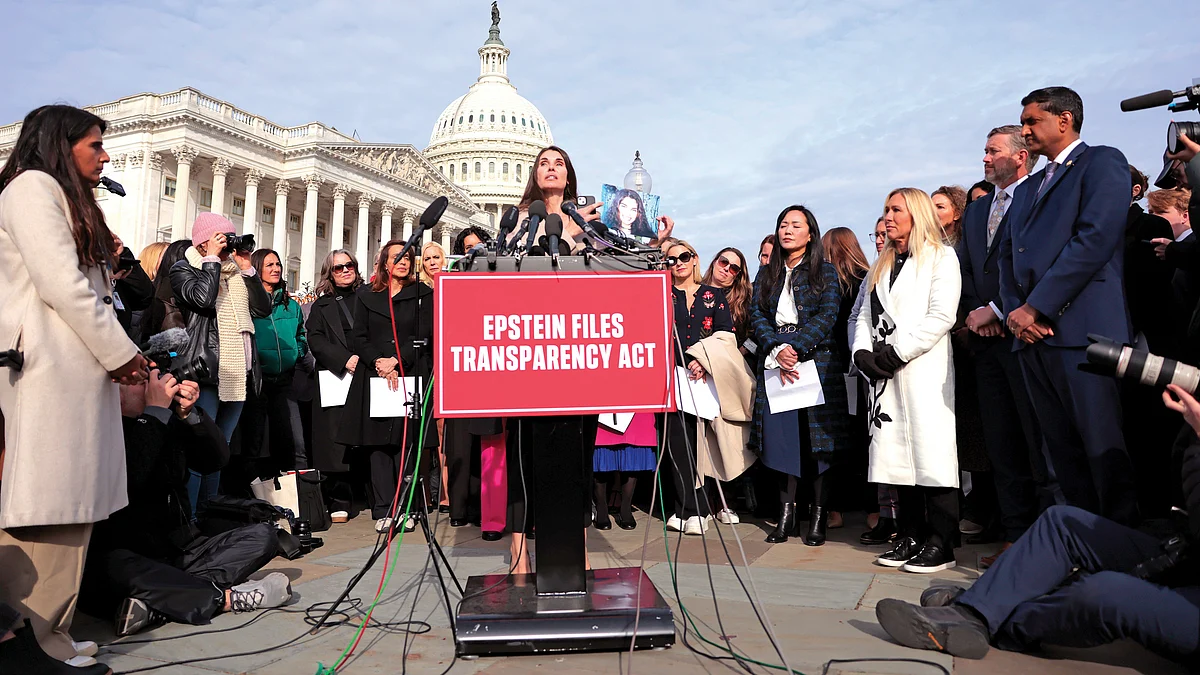 Epstein abuse survivor Teresa Helm at a news conference on 18 November
