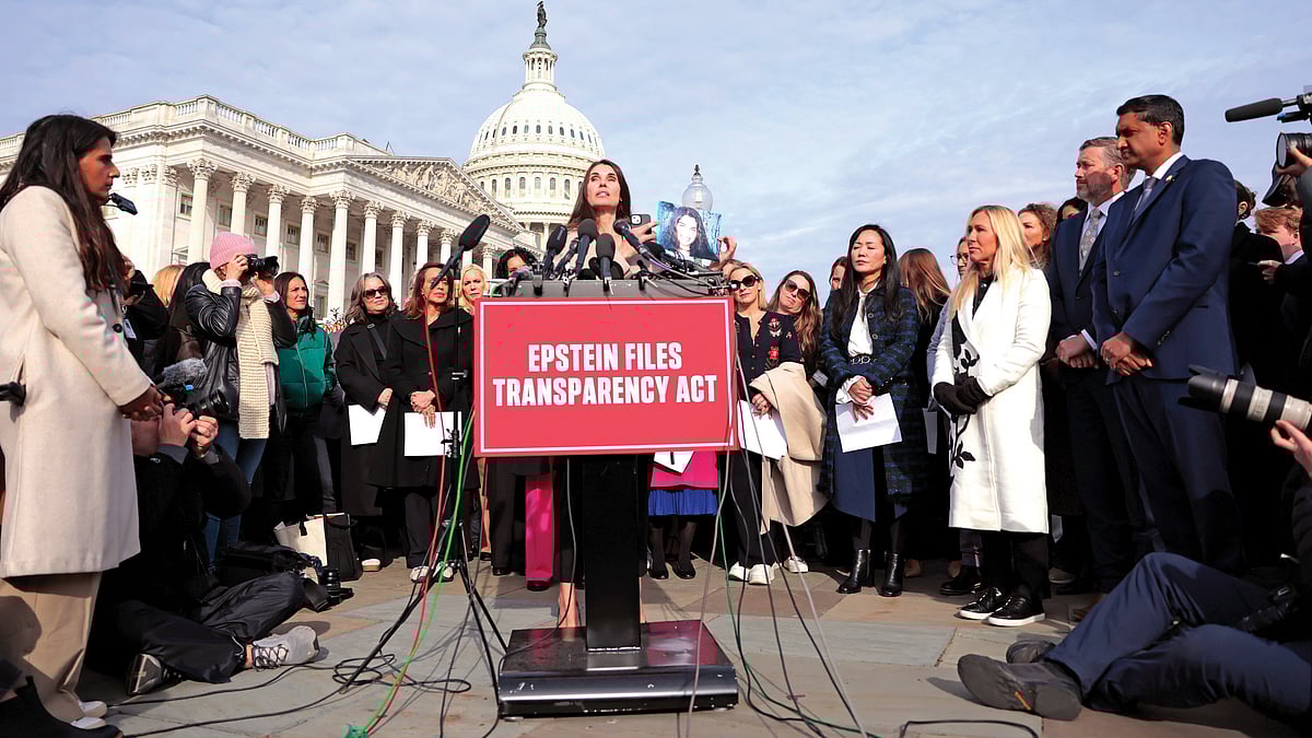 Epstein abuse survivor Teresa Helm at a news conference on 18 November