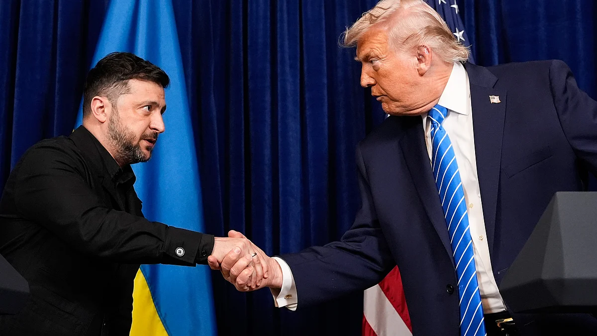 Donald Trump and Volodymyr Zelenskyy shake hands after talks at Mar-a-Lago.
