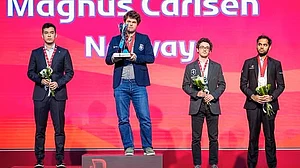 Arjun Erigaisi (right) shares the podium with winner Carlsen and silver medallist Abdusattorov