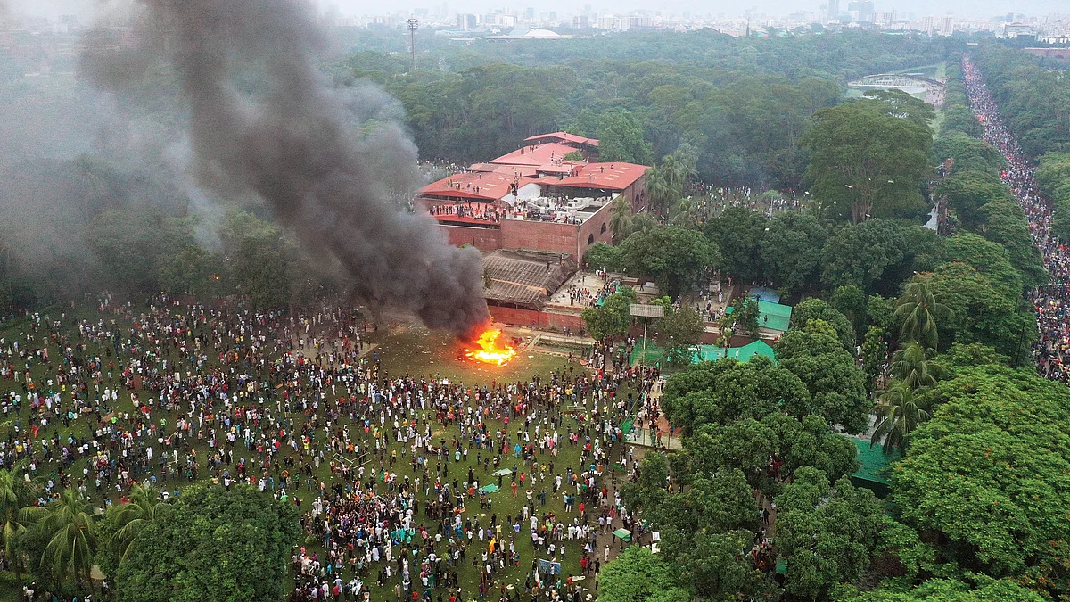 Irate demonstrators outside prime minister Sheikh Hasina’s Dhaka house in August 2024
