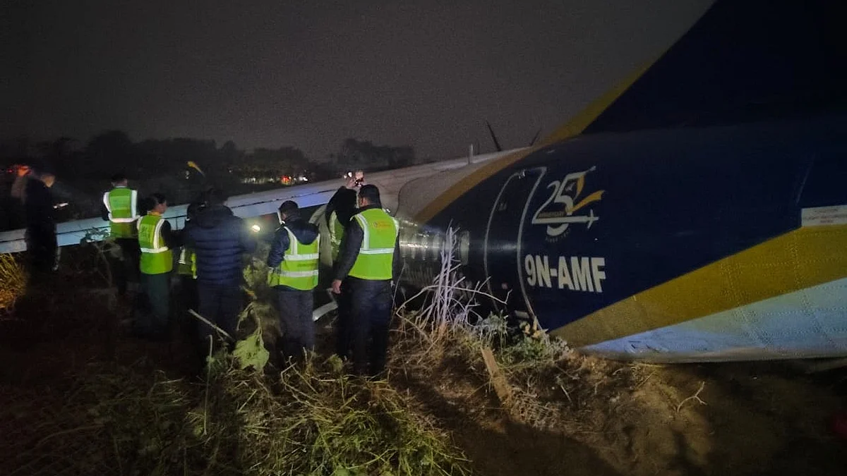 Buddha Air’s Flight 901 (9N-AMF) veers off the runway while landing at Bhadrapur airport.