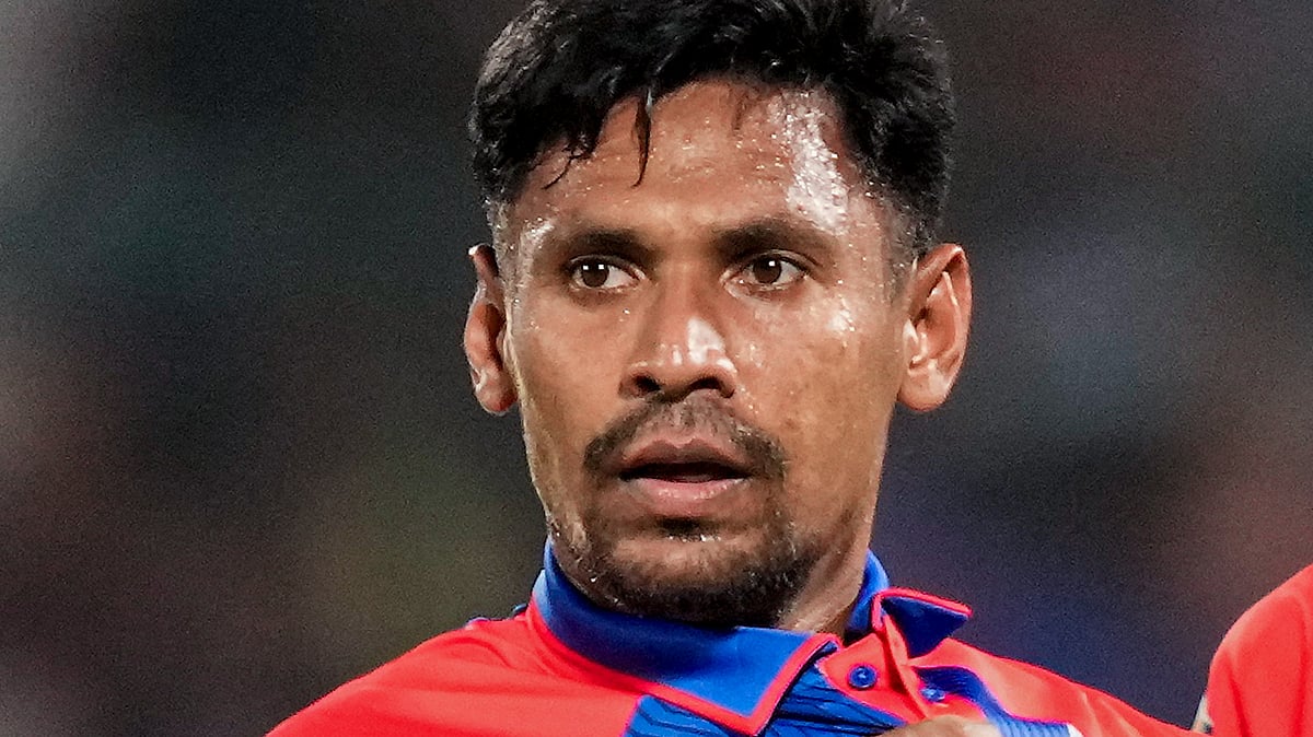 Mustafizur Rahman during an IPL 2025 match in New Delhi.