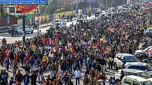 A protest march heads to the Uttarakhand CM's residence, Dehradun, 4 Jan
