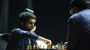 Nihal Sarin in action against Vishy Anand on Friday