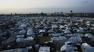 Displaced Palestinians gather in tents across Deir al-Balah, central Gaza Strip.