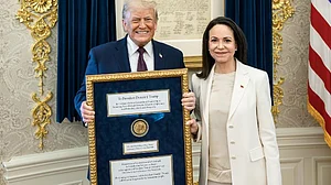 Venezuelan opposition leader María Corina Machado presents her Nobel Peace Prize to Donald Trump.