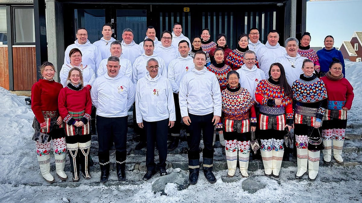 Greenland premier Jens-Frederik Nielsen (centre) with all members of Parliament