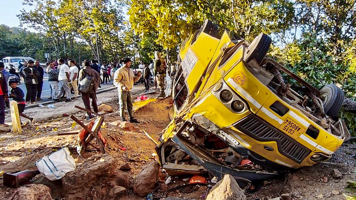Wreckage of the bus that overturned in Orsa valley, Latehar district.