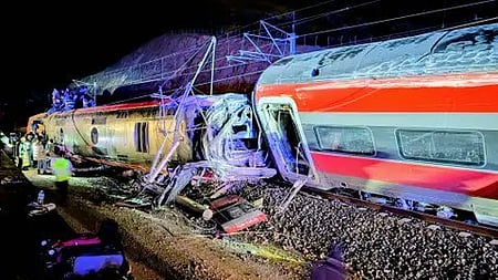 Coaches of the derailed train pictured after the crash.