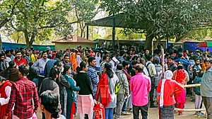 People wait in queues during SIR hearings in Birbhum district, West Bengal, 19 Jan