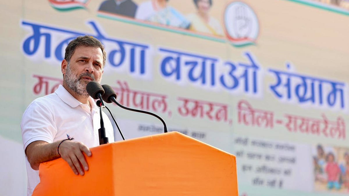 Rahul Gandhi addresses a gathering in Raebareli.