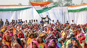 People attend Rahul Gandhi’s address at an ‘MGNREGA Chaupal’ in Raebareli.