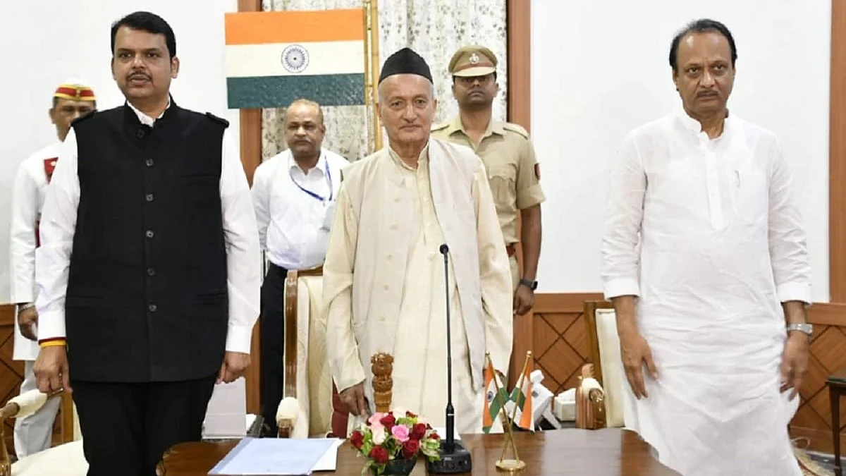 a November 2019 pic of Devendra Fadnavis and Ajit Pawar with Bhagat Singh Koshyari 