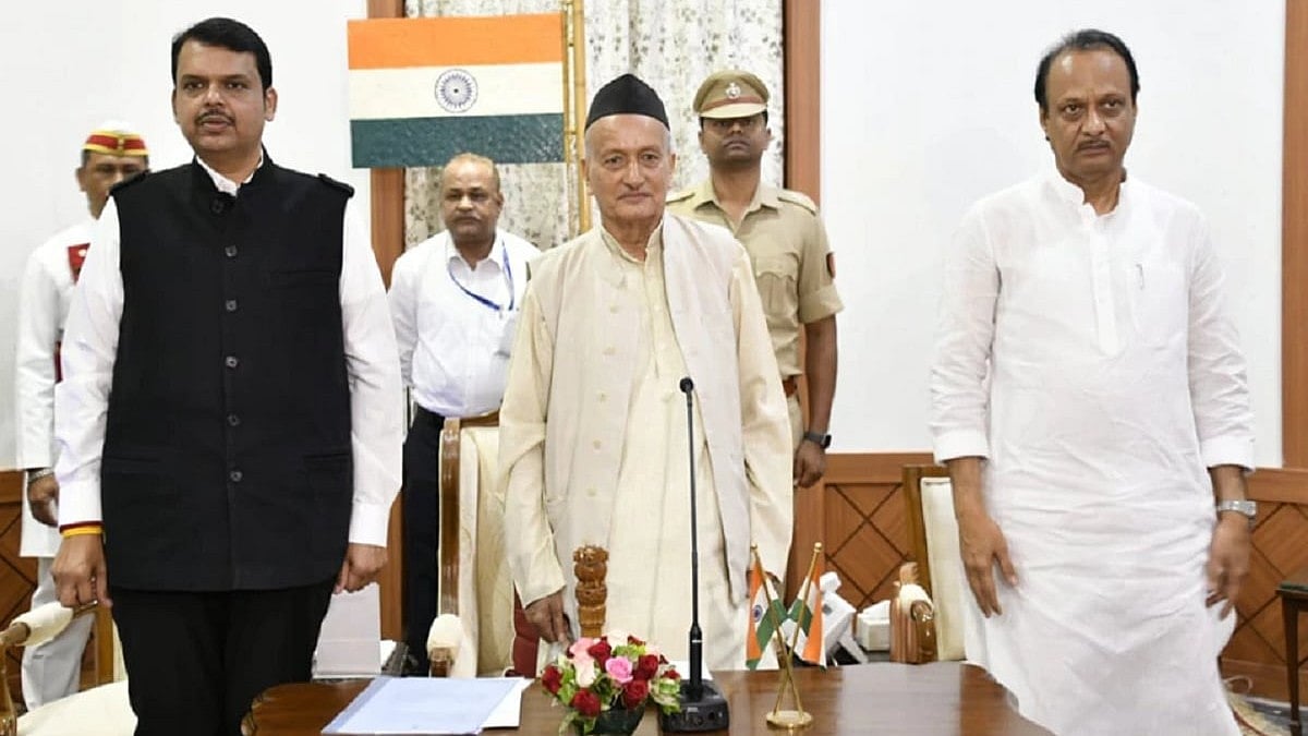 a November 2019 pic of Devendra Fadnavis and Ajit Pawar with Bhagat Singh Koshyari 