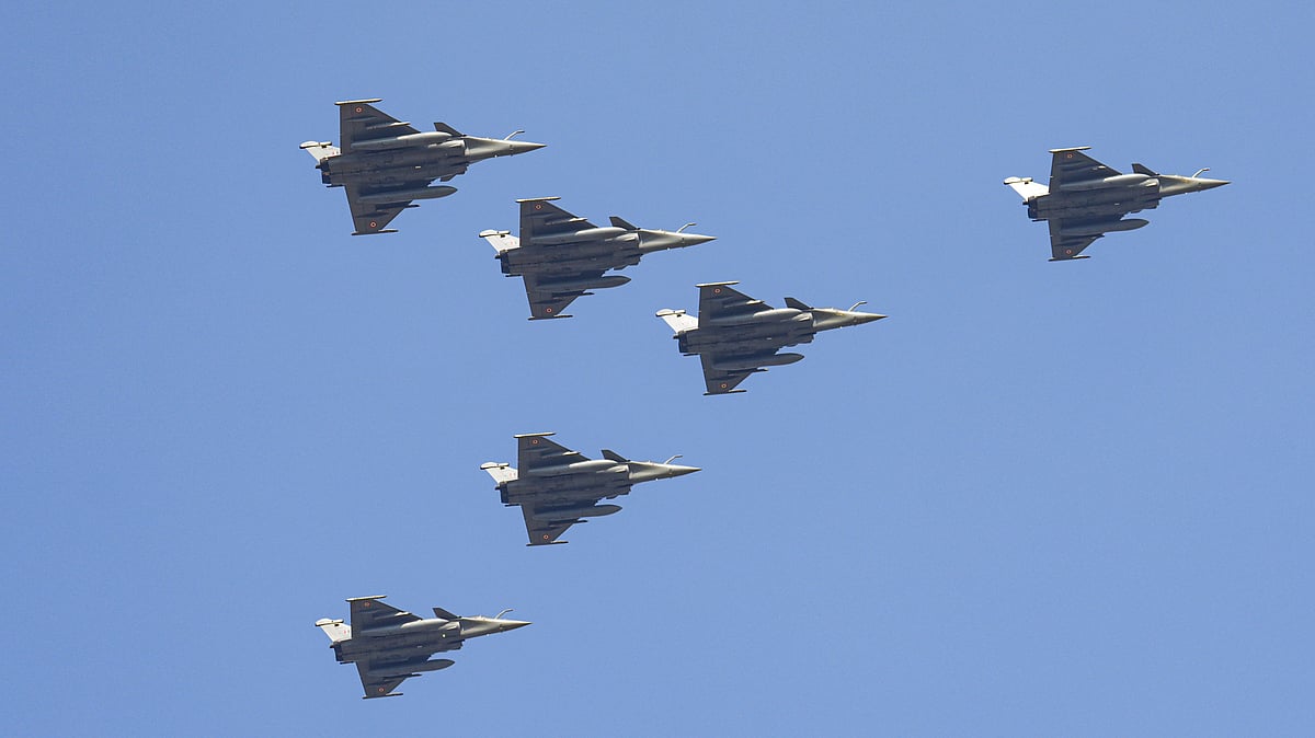 IAF's Rafale aircrafts perform a flypast in 'Vajrang' formation.