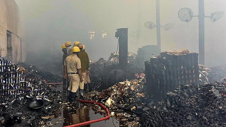 Fire crews battling flames in the godown
