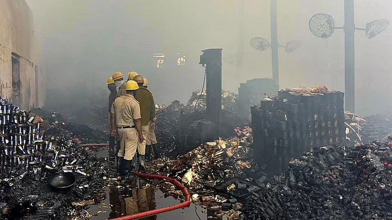 Fire crews battling flames in the godown
