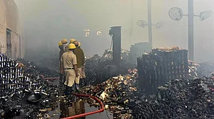 Fire crews battling flames in the godown