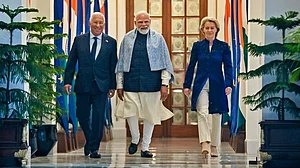 PM Modi with EU leaders Ursula von der Leyen and Antonio Costa (left)