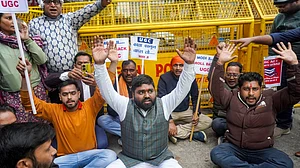 Students protest outside UGC office in New Delhi on 27 January
