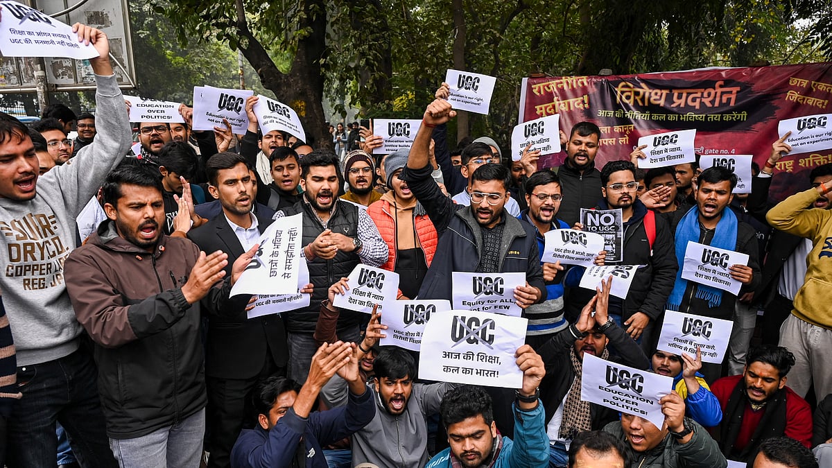 Students protest against UGC Act at the Arts Faculty of Delhi University.