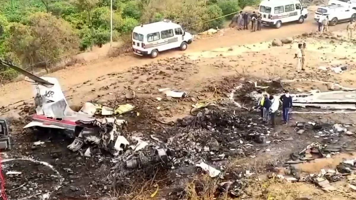  Wreckage of the chartered plane near Baramati in Pune.