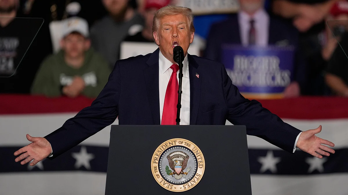 Donald Trump addresses at a rally in Clive, Iowa.