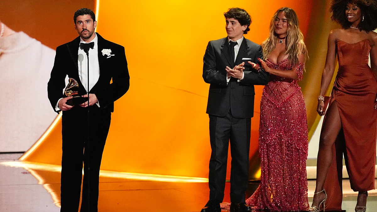 Bad Bunny with the award for best música urbana album at the 68th Grammy Awards, Los Angeles, 1 Feb
