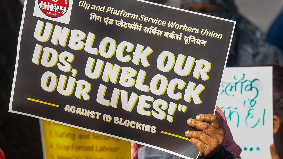 Gig workers at a protest in New Delhi on February 3
