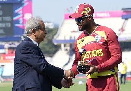 West Indies captain Shai Hope being feliicitated by CAB secretary Bablu Kolay