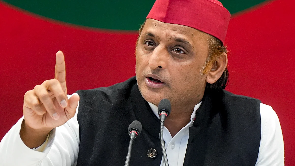 SP MP Akhilesh Yadav addresses a press conference at party office in Lucknow.