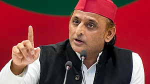 SP MP Akhilesh Yadav addresses a press conference at party office in Lucknow.