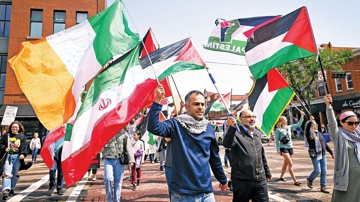 Members of the Palestinian diaspora, joined by Iranian and other West Asians at a protest in Canada