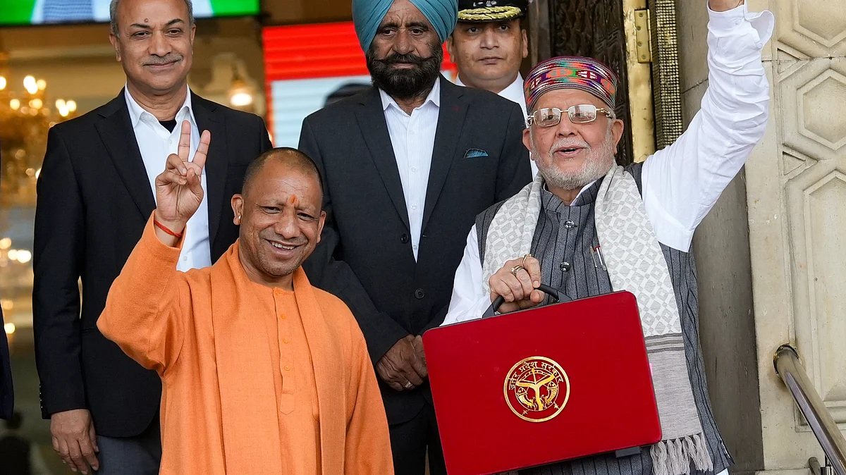 UP CM Yogi Adityanath with finance minister Suresh Kumar Khanna before the Budget presentation