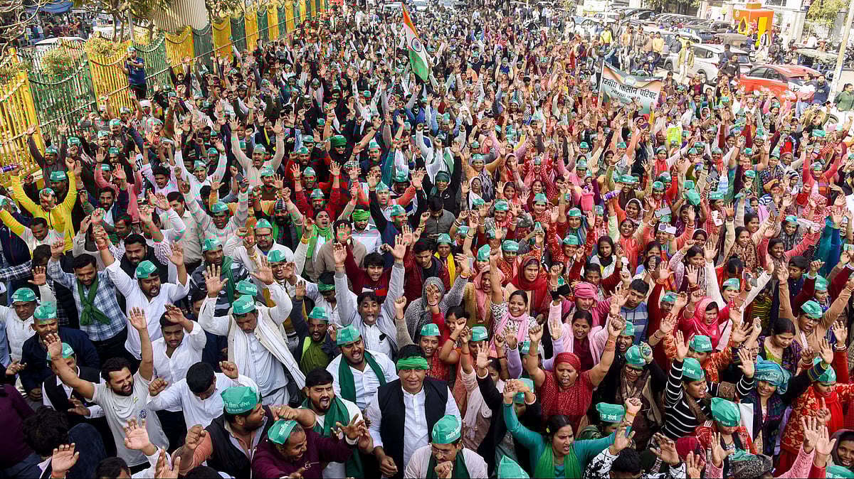 Farmers at a protest march in Noida on 9 February