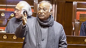 Mallikarjun Kharge speaks in the Rajya Sabha during the Budget Session in New Delhi.