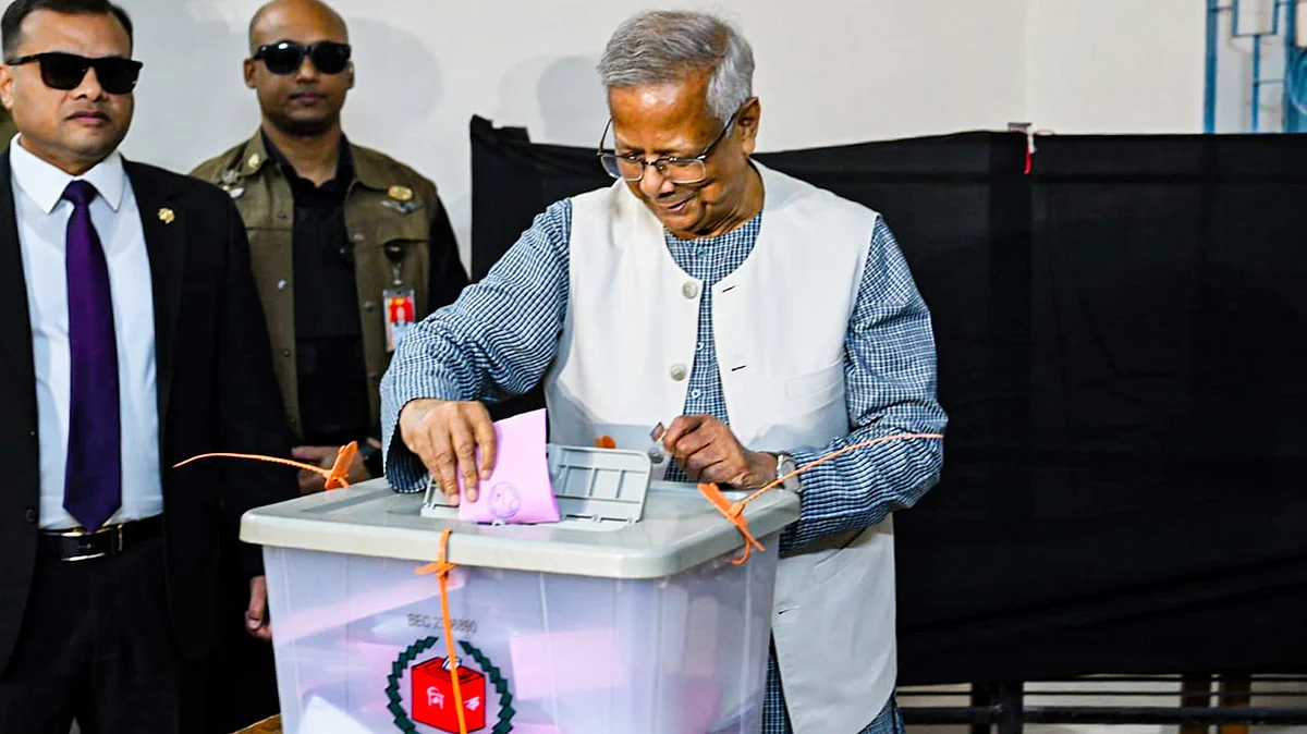 Bangladesh Chief Adviser Muhammad Yunus casts his vote in the 13th parliamentary elections, in Dhaka