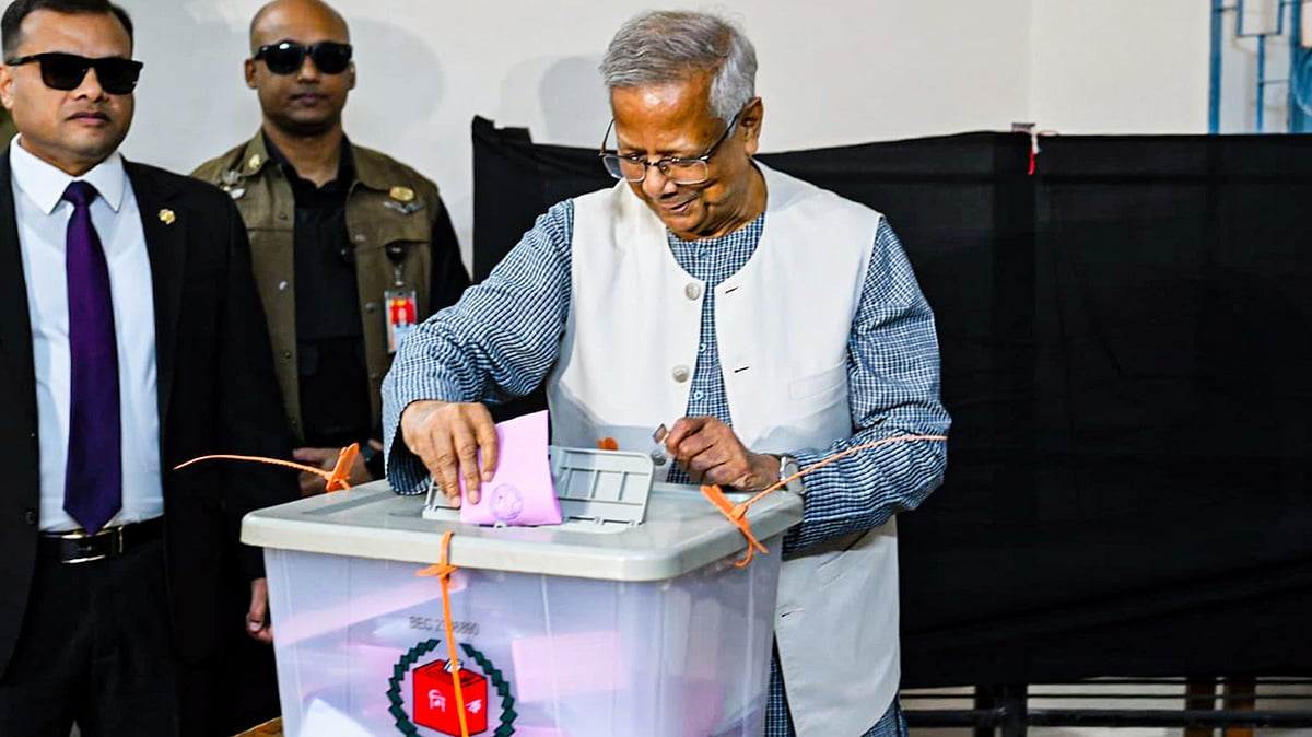 Bangladesh Chief Adviser Muhammad Yunus casts his vote in the 13th parliamentary elections, in Dhaka