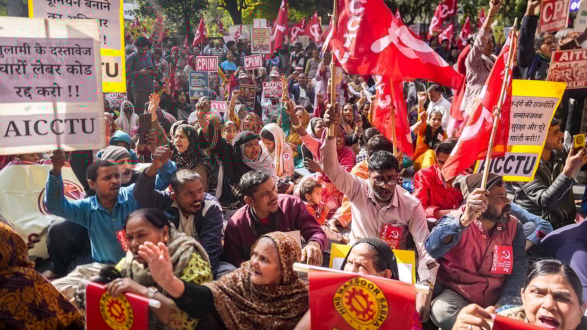Farmers and members of various trade unions at Jantar Mantar, in New Delhi, 12 Feb