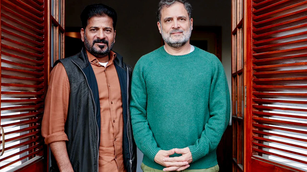 Rahul Gandhi with Telangana CM A. Revanth Reddy during a meeting in New Delhi.