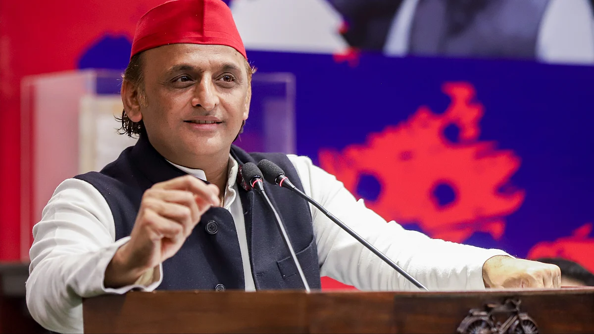 Akhilesh Yadav addresses a press conference in Lucknow.
