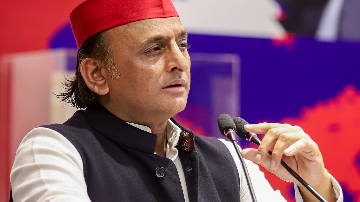 Akhilesh Yadav addresses a press conference in Lucknow.