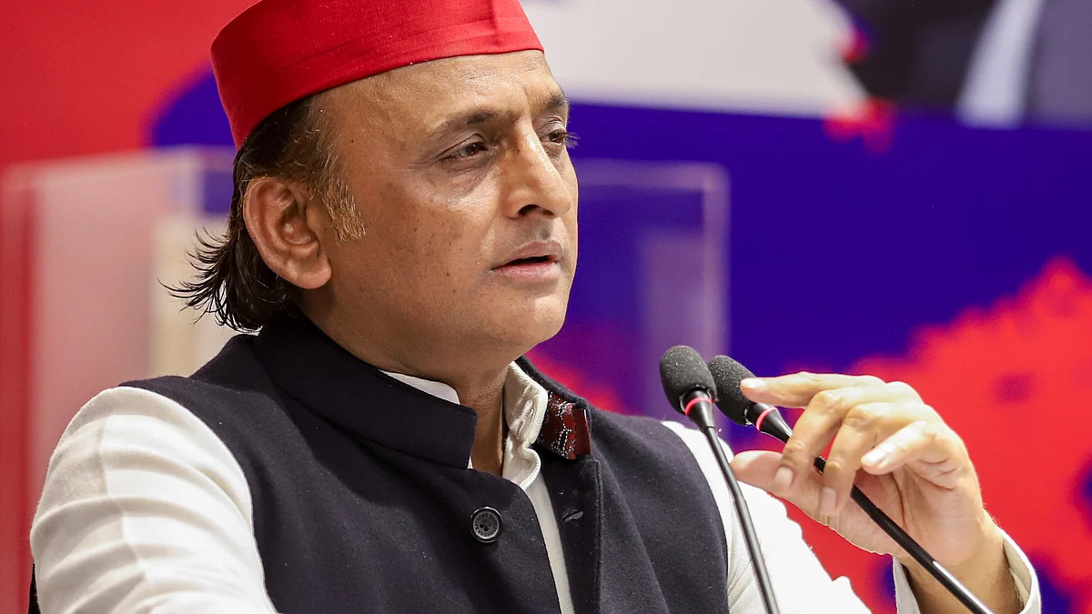Akhilesh Yadav addresses a press conference in Lucknow.