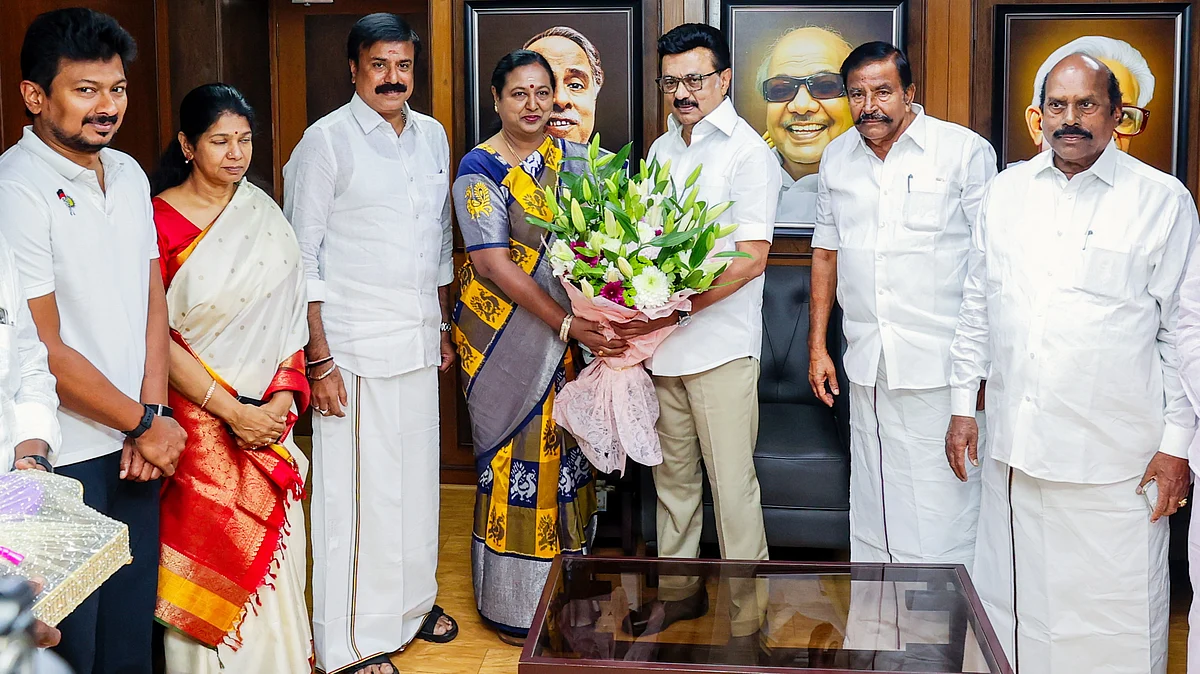 TN CM Stalin and others welcome DMDK general-secretary Premalatha Vijayakanth in Chennai, 19 Feb