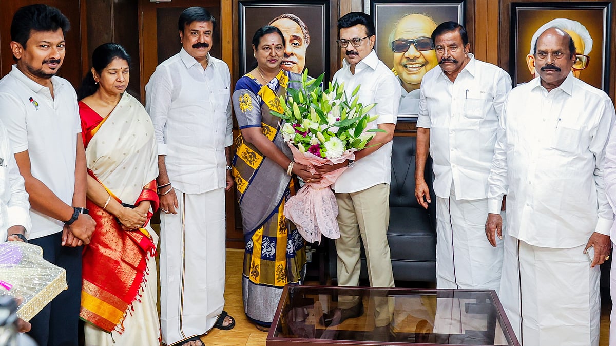 TN CM Stalin and others welcome DMDK general-secretary Premalatha Vijayakanth in Chennai, 19 Feb