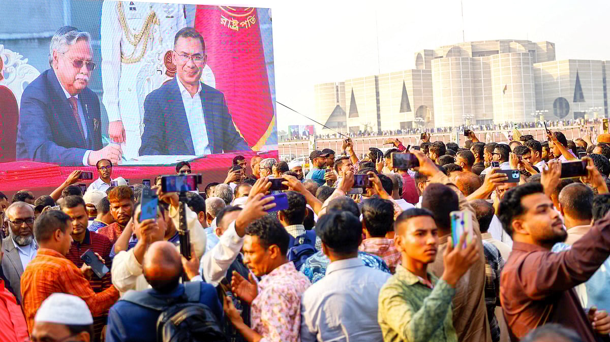Crowds at Dhaka's National Parliament square to watch new PM Tarique Rahman’s oath-taking, 17 Feb