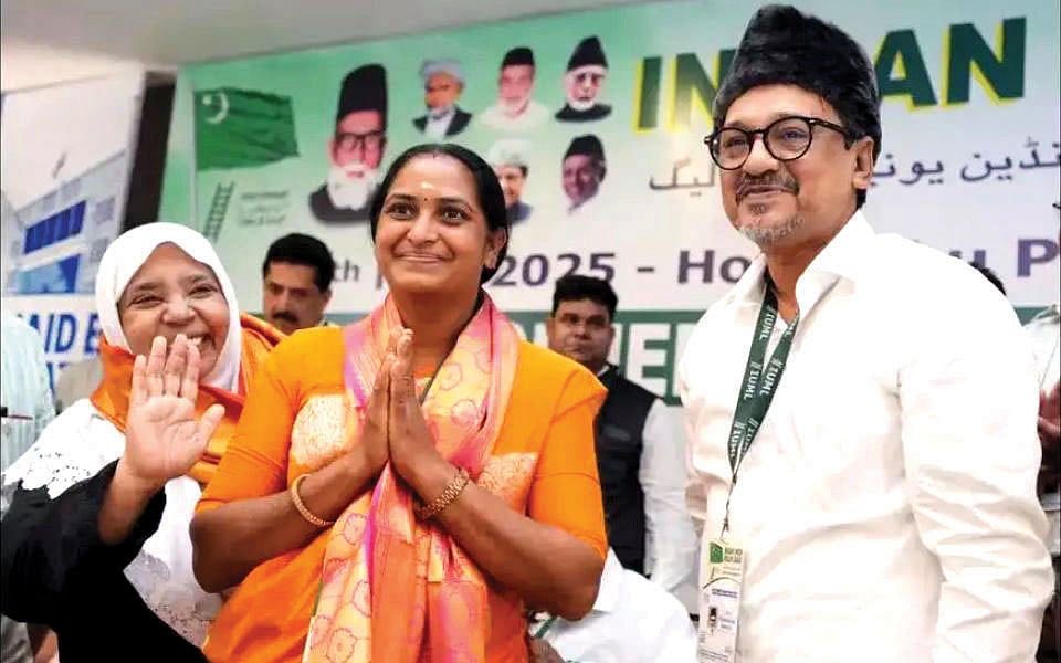 From left: Vishnumoorthy Theyyam, the Dalit Hindu chosen as the Muslim League’s first woman national office-bearer; rations being distributed from a mosque courtyard; Muslim devotees at the Kasargod temple festival