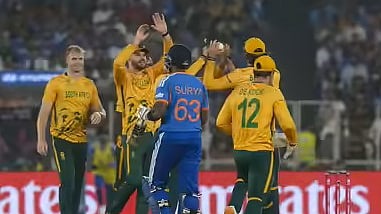 South Africa celebrate the fall of India captain Suryakumar Yadav's wicket