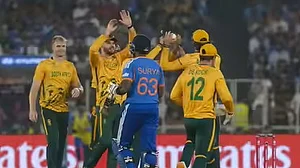 South Africa celebrate the fall of India captain Suryakumar Yadav's wicket